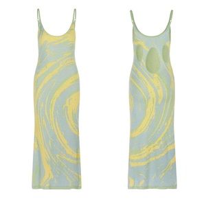 Blue knit dress with yellow swirls